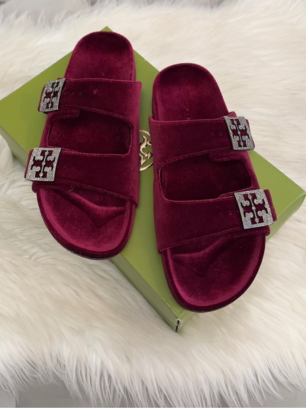 Tory Burch Mellow Pave Velvet Burgundy Berry Slide W/ Crystal Buckles Sz 8 NEW!